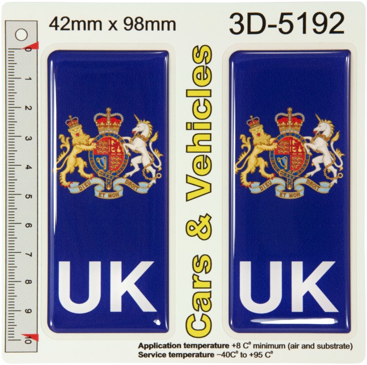 2x 42 x 98 mm UK Great Britain Coat of Arms Number Plate Resin Domed Stickers Decals Badges