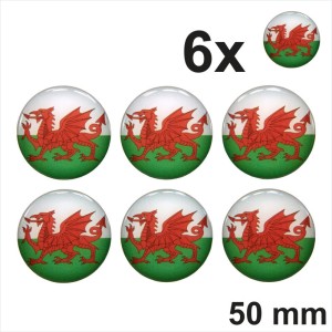 6x 50mm Wales Welsh Dragon Flag Stickers Decal Gloss Domed Resin 3D Cymru Badge