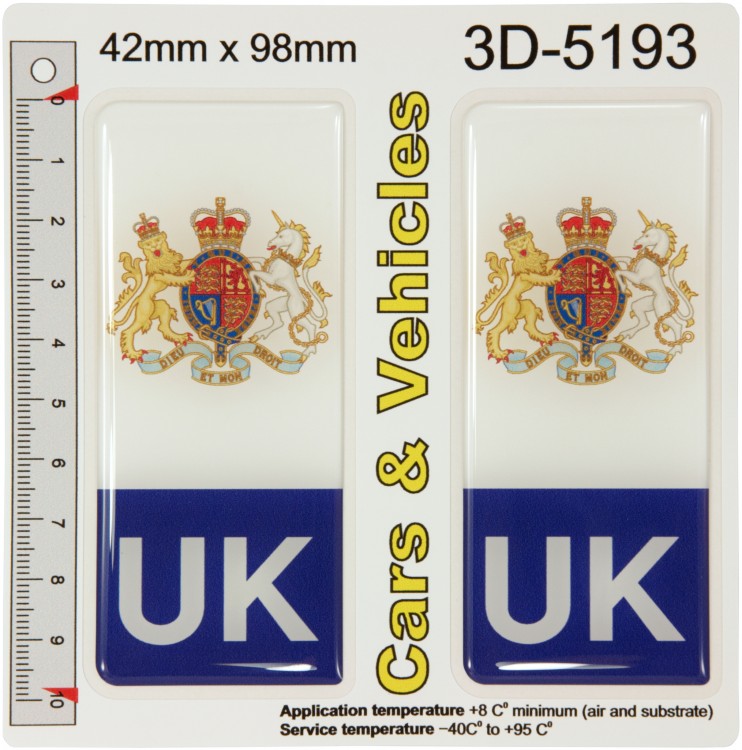 2x 42 x 98 mm UK Great Britain Coat of Arms Number Plate Gel Domed Stickers Decals Badges