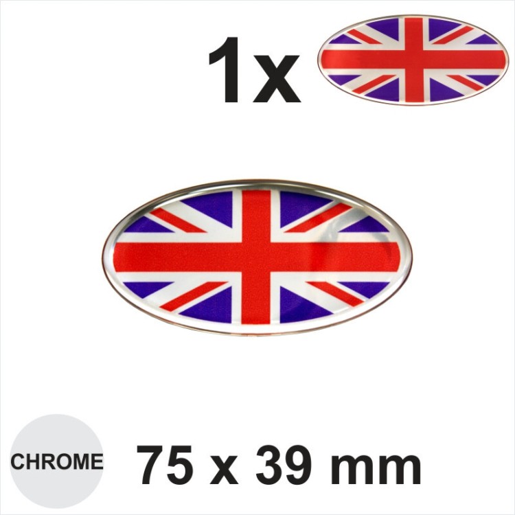 75x39 mm Oval UNION JACK FLAG Sticker Decal Gloss Domed Chrome GB UK Car Badge