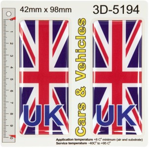 2x 42 x 98 mm UK Union Jack Flag Number Plate Side Stickers Gel Resin Domed Decals Badges