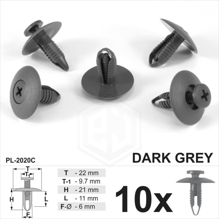 6mm Hole Dark Grey Screw Fit Rivet Trim Clips Panel Bumper Wheel Arch Lining