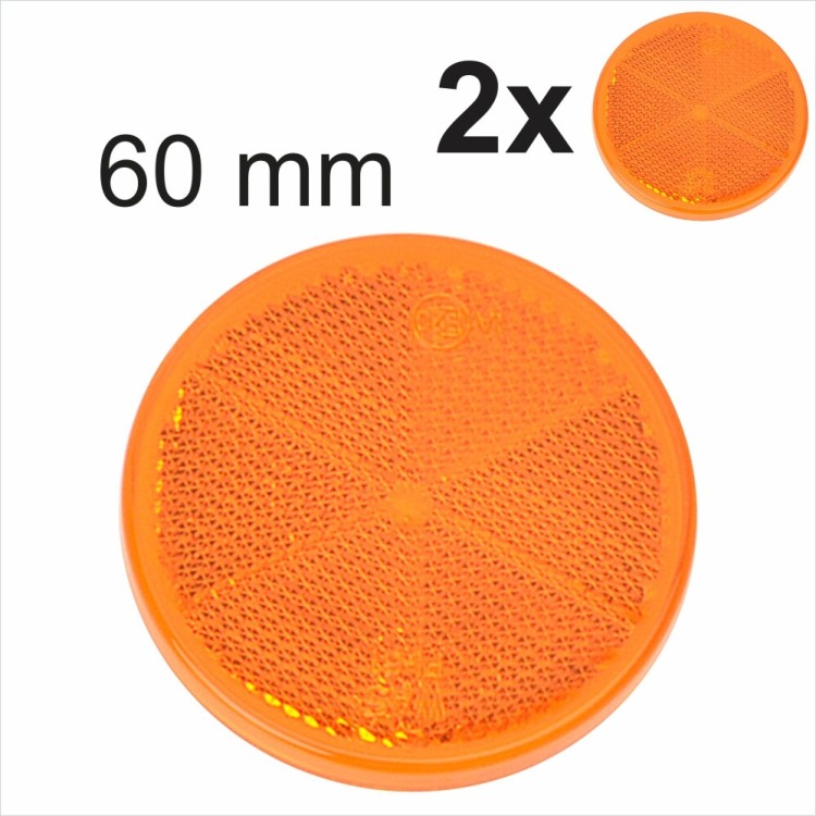 2x 60mm Self-Adhesive Amber Orange Round Circular Trailer Caravan Reflectors
